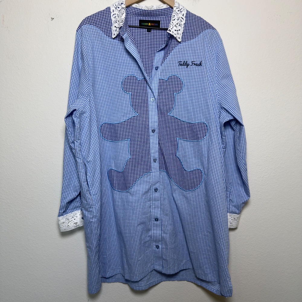 Teddy Fresh Women Gingham Shirt Dress L/XL Blue Bear Lace Trim Patchwork Oversiz